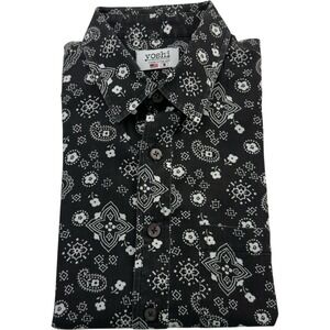 Yoshi Handmade Clothing Black & White Bandana‎ Cotton Short Sleeve Button Up Med